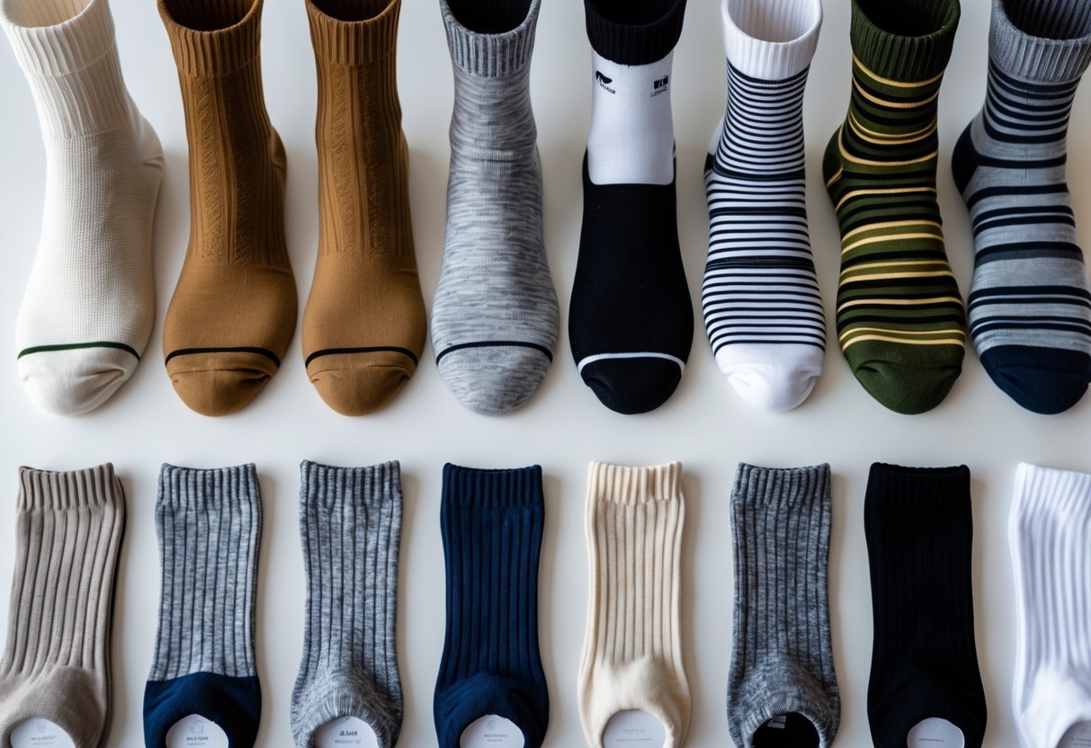 An assortment of 14 different socks of varying heights and materials arranged neatly on a neutral background.