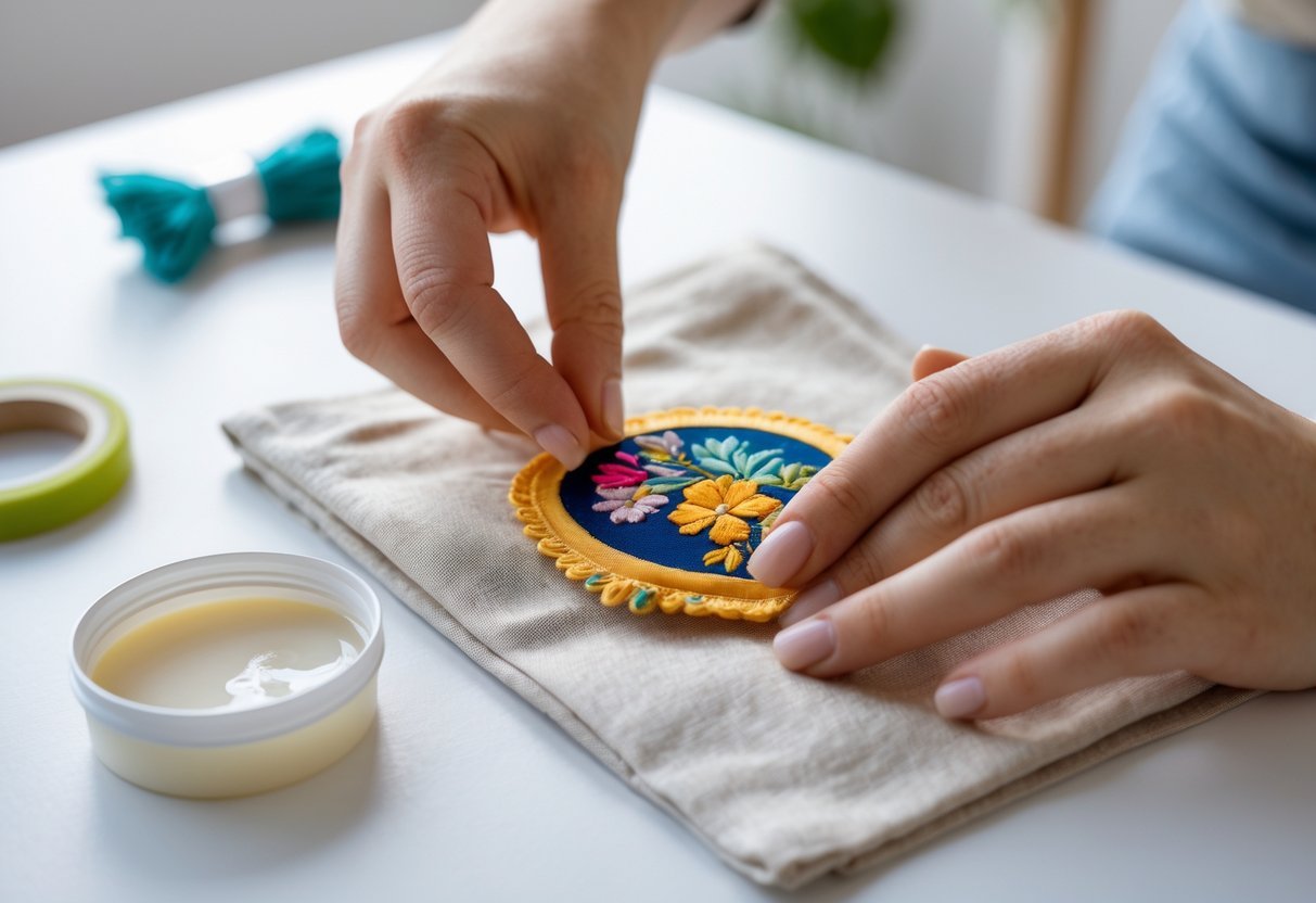 Hands applying an embroidered patch to fabric using fabric glue on a clean workspace.