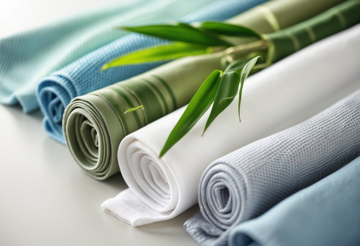 Close-up view of various sports fabrics including bamboo fabric, showing different textures and colors arranged neatly on a plain background.