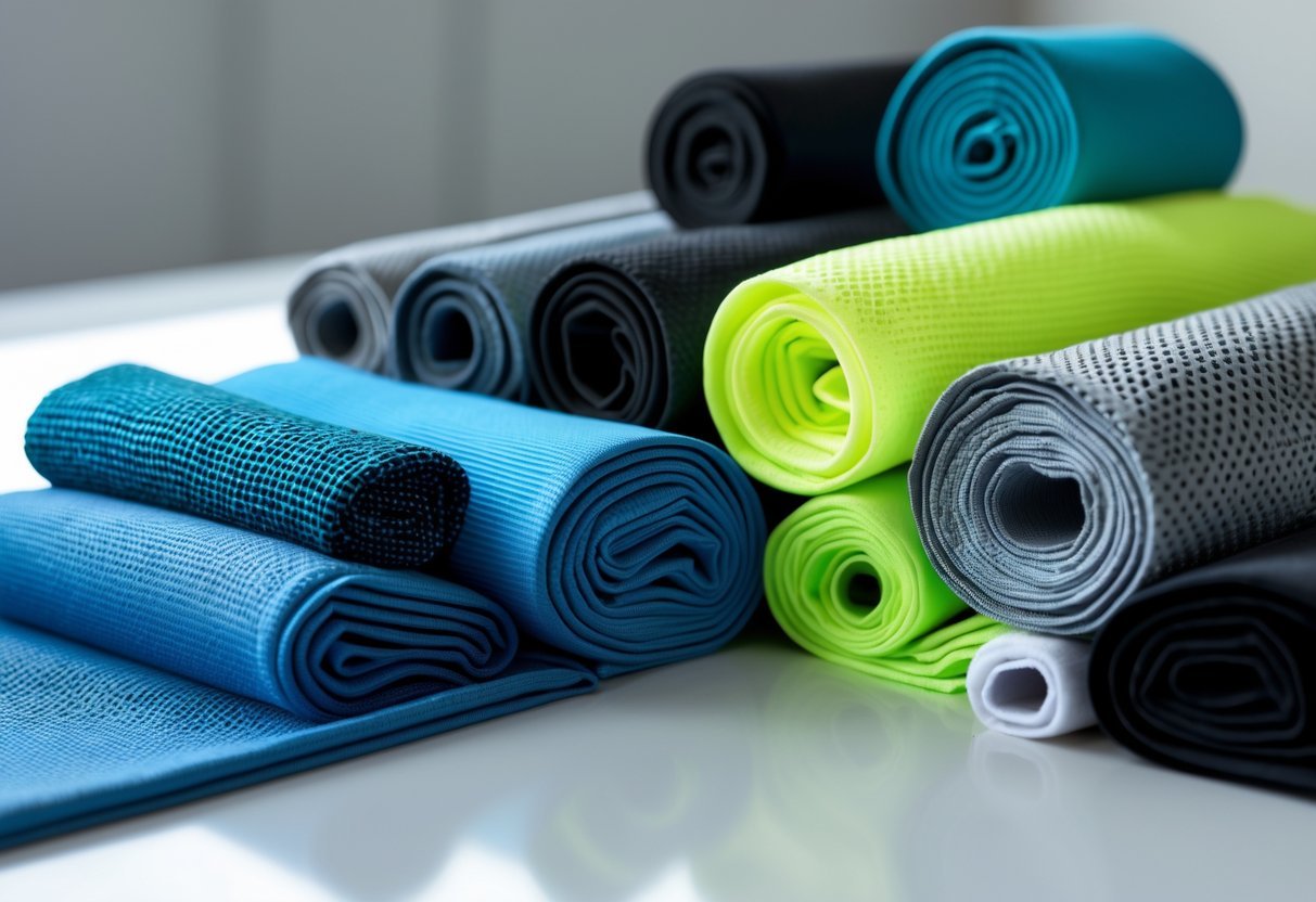 Various types of sports fabrics, including Coolmax, displayed on a white surface showing different textures and colors.