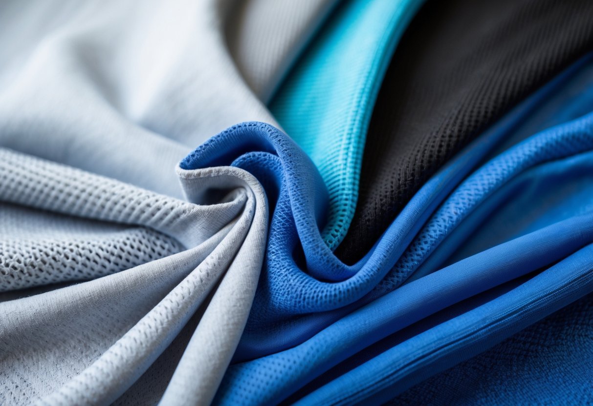 Close-up view of various sports fabrics including microfiber, showing different textures and colors arranged on a neutral background.