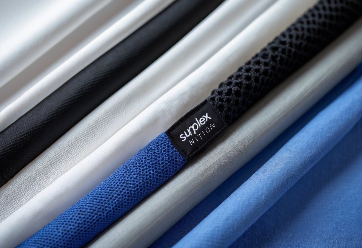 Close-up view of different sports fabric samples including smooth Supplex nylon arranged on a neutral background.