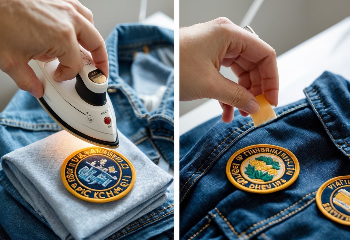 Close-up of four different ways to attach embroidered patches to fabric, showing ironing, hand stitching, fabric glue application, and sewing machine stitching.