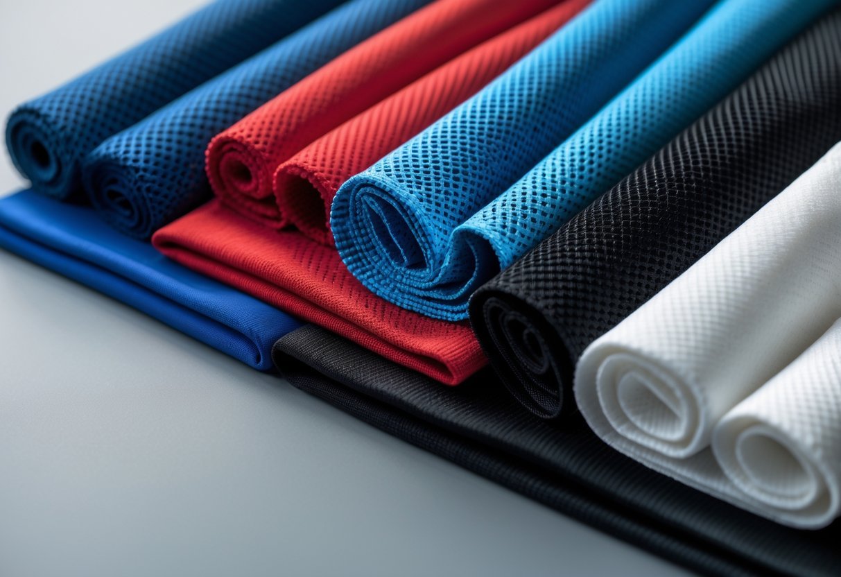 Close-up view of various sports fabrics showing different textures and colors arranged neatly on a plain background.