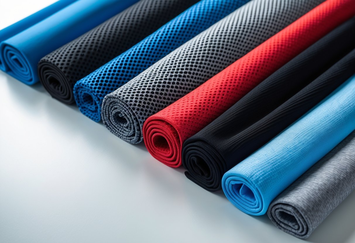 Close-up view of various sports fabrics arranged on a white surface showing different textures and colors.