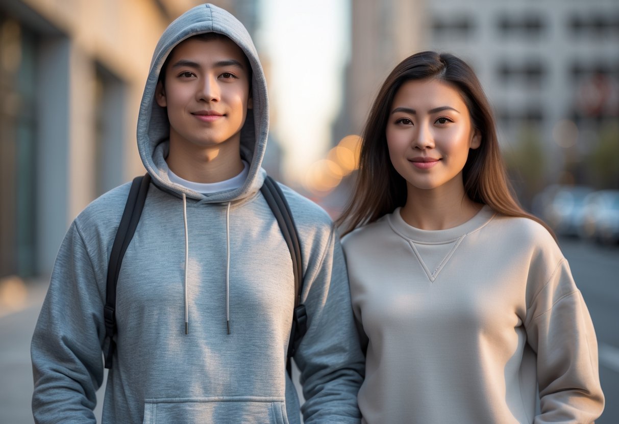 Two young adults standing side by side outdoors, one wearing a hoodie and the other wearing a sweatshirt.