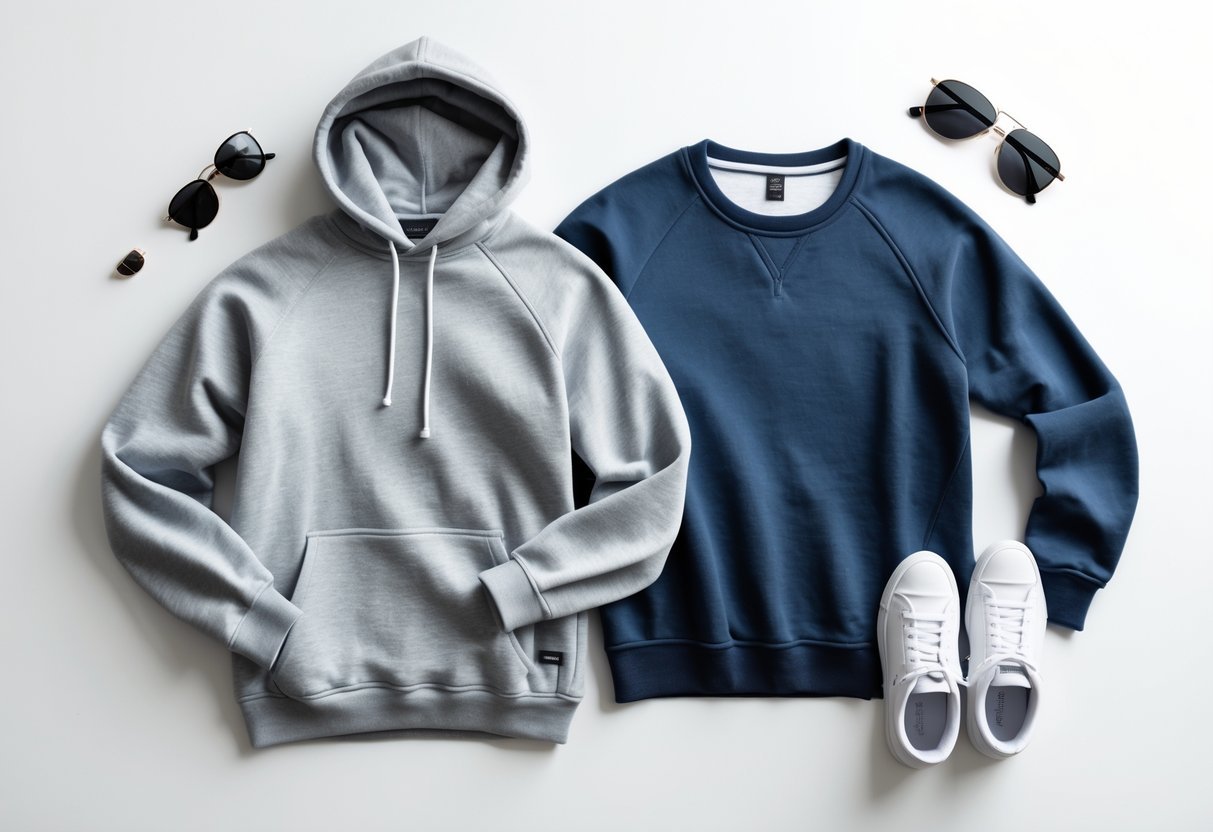 Flat lay of a hoodie and a sweatshirt placed side by side with sneakers, a wristwatch, and sunglasses on a white background.