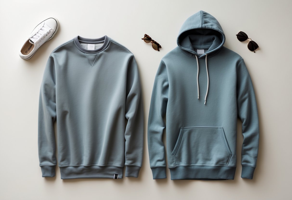Flat lay of a sweatshirt and a hoodie placed side by side with casual accessories on a neutral background.
