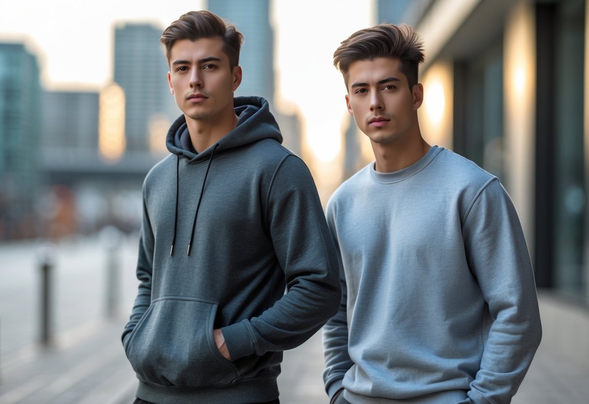 Two young adults standing side by side outdoors, one wearing a hoodie and the other wearing a sweatshirt.