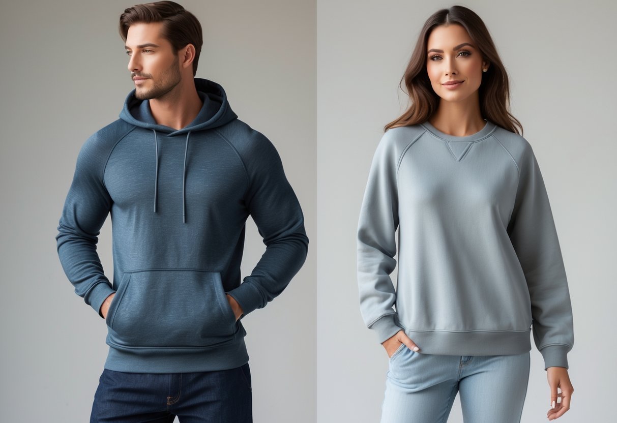 A man wearing a fitted hoodie and a woman wearing a loose sweatshirt standing side by side against a plain background.