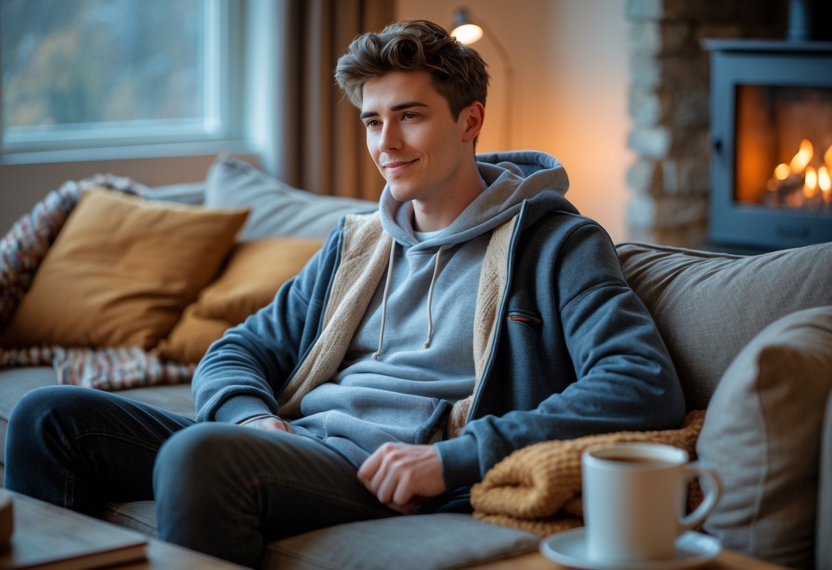 A person sitting on a sofa wearing a hoodie layered over a sweatshirt near a fireplace with warm cushions and a mug on a table.