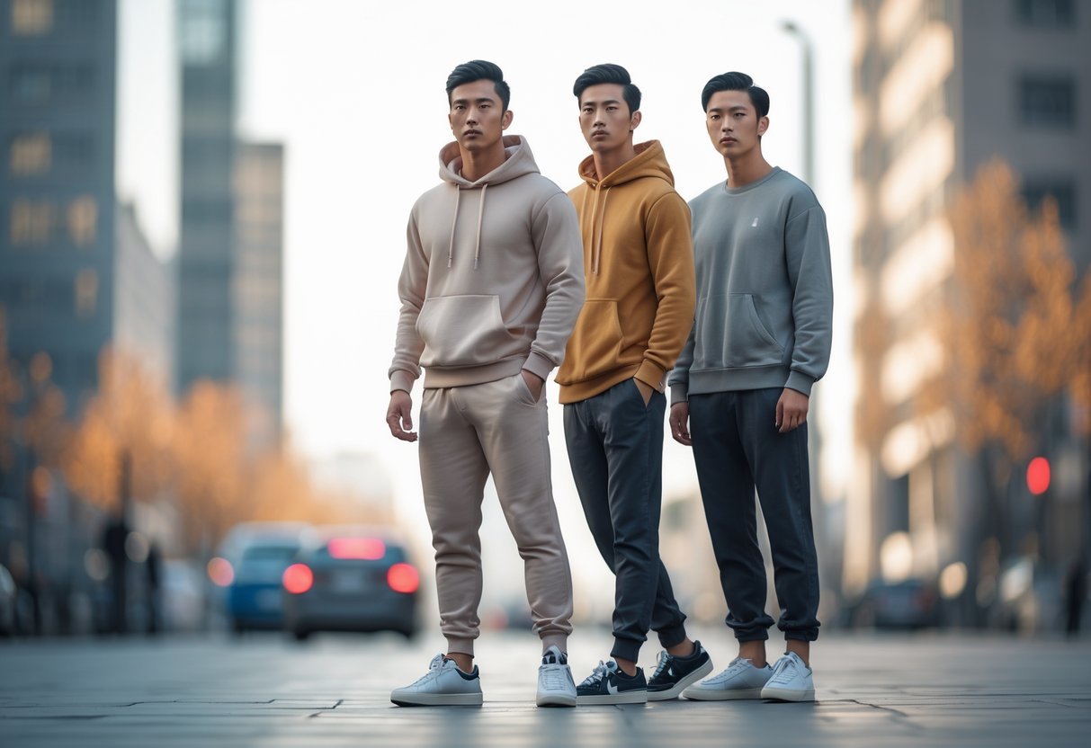 Two young adults standing outdoors in casual clothing, one wearing a hoodie and the other a sweatshirt.