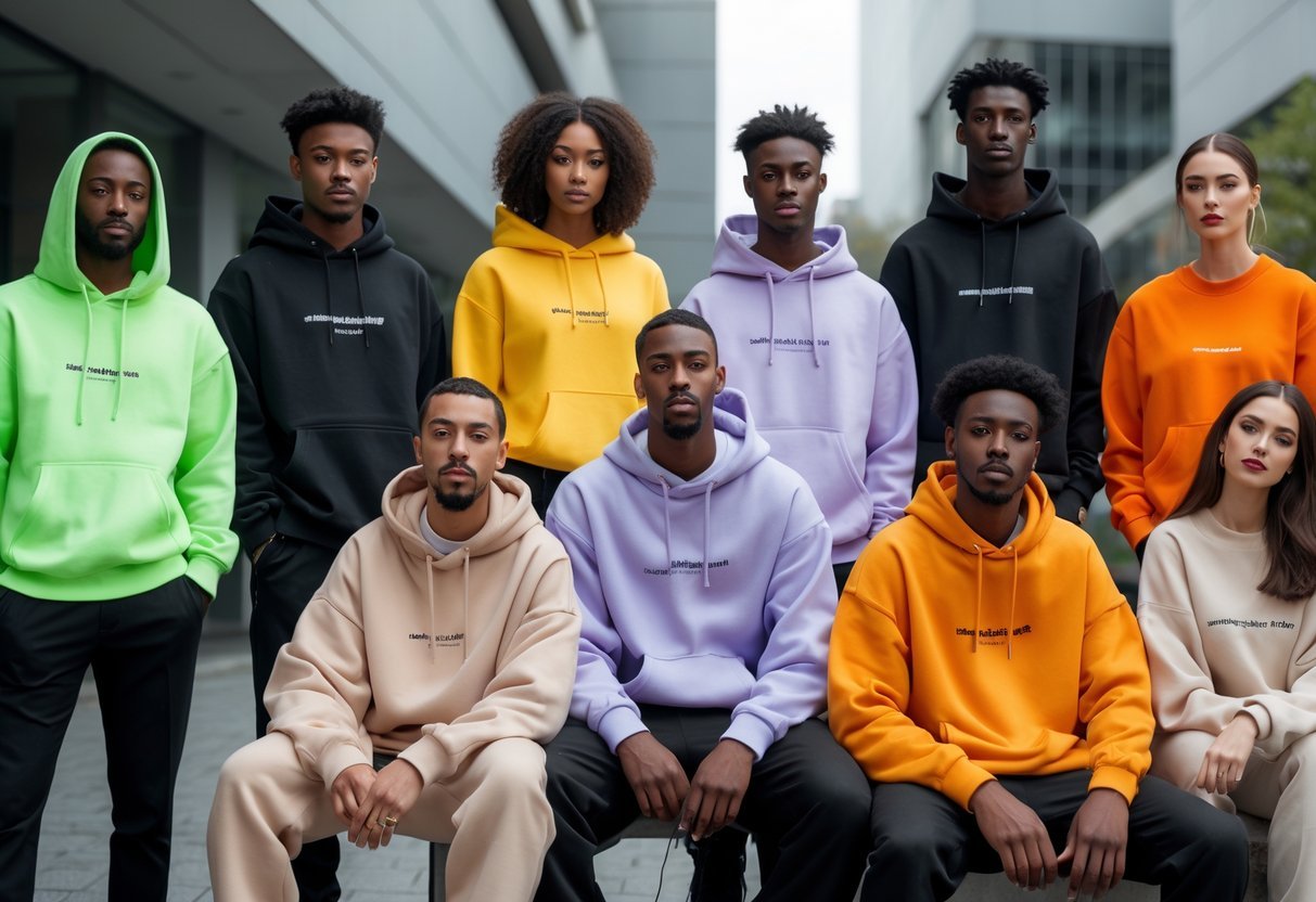 A group of young adults wearing colorful hoodies and sweatshirts outdoors in a city setting.