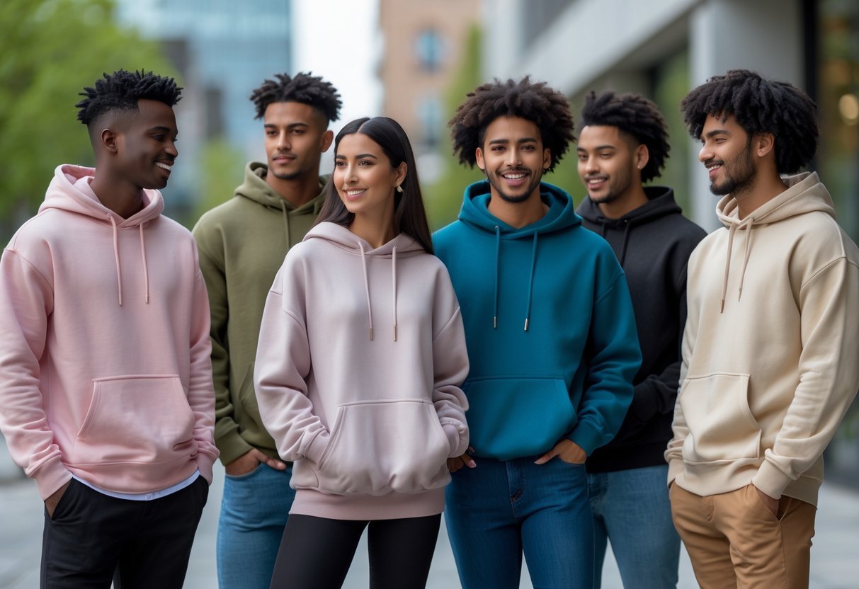 A group of young adults wearing various colored hoodies and sweatshirts standing together outdoors in an urban area.