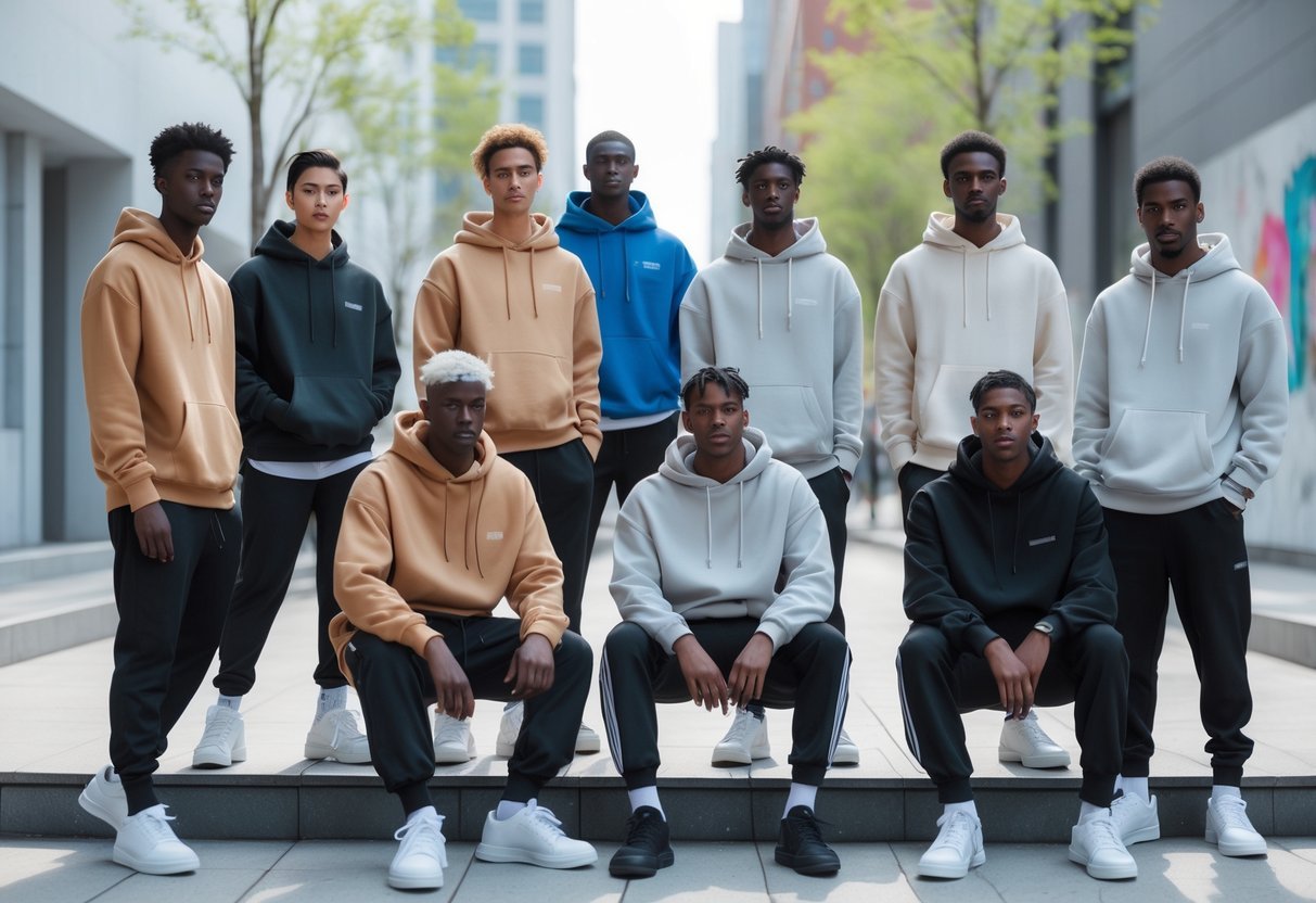 A group of young adults wearing hoodies and sweatshirts outdoors in an urban setting, posing casually on steps and benches.