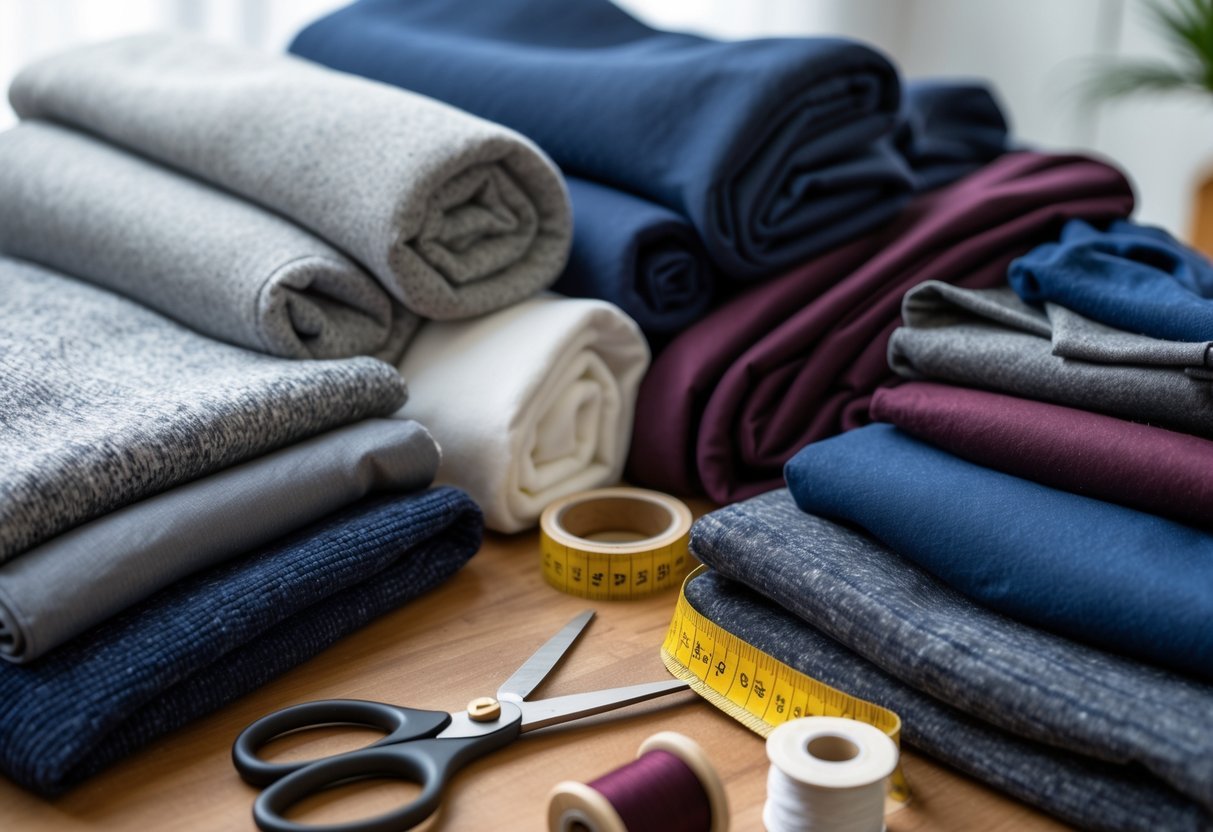 Close-up of different hoodie fabrics and sewing tools arranged on a wooden table.