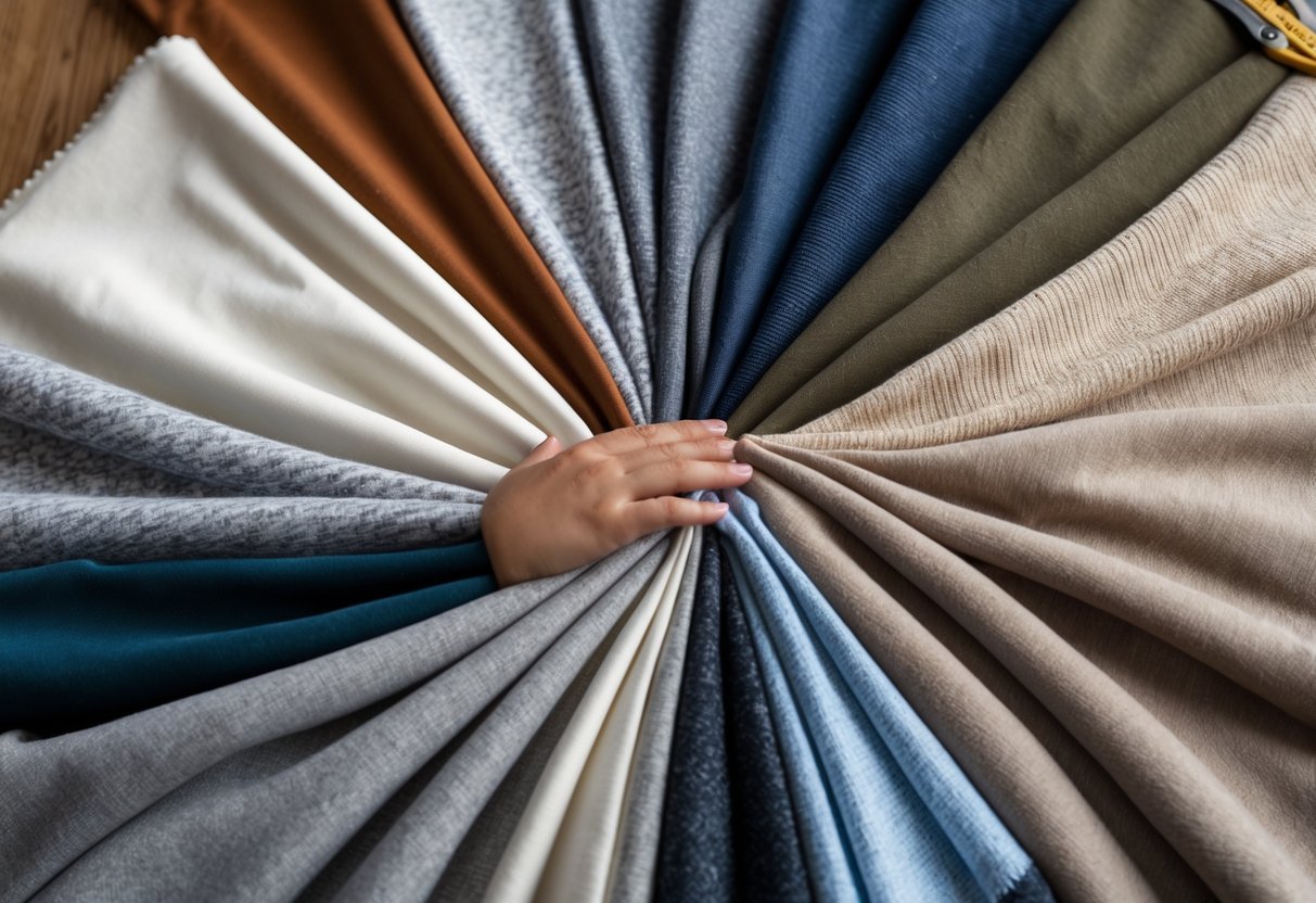 Close-up of different hoodie fabric samples arranged on a table with hands touching the materials.
