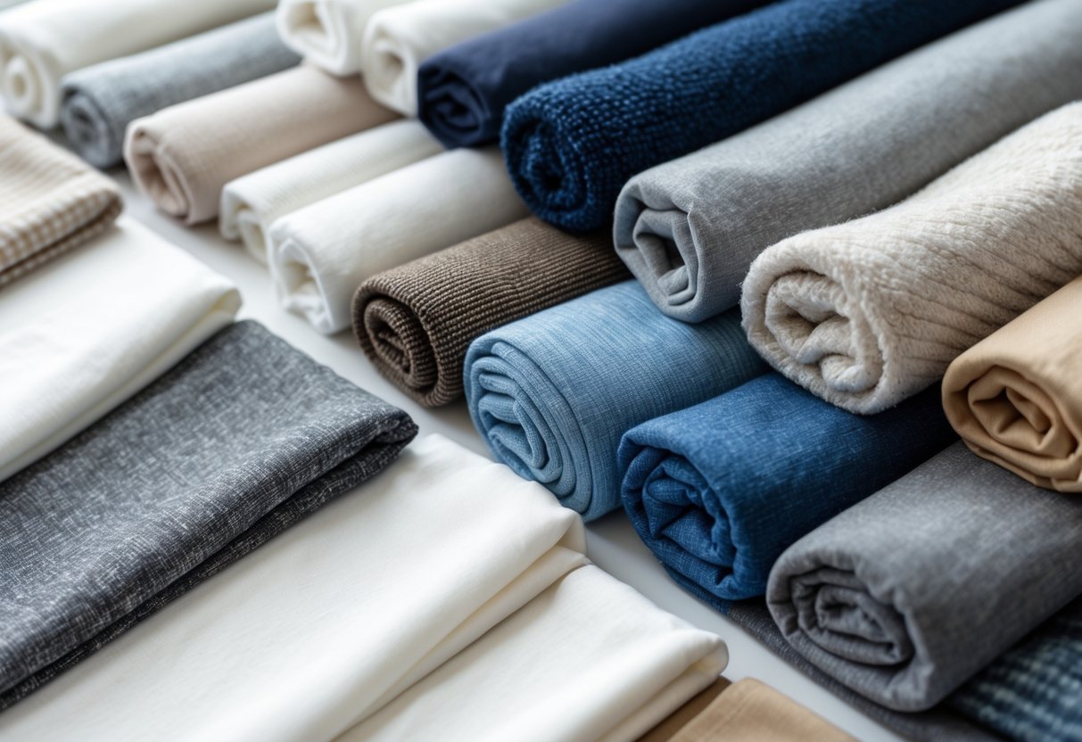 Close-up view of various cotton and cotton blend fabric swatches arranged on a white surface.