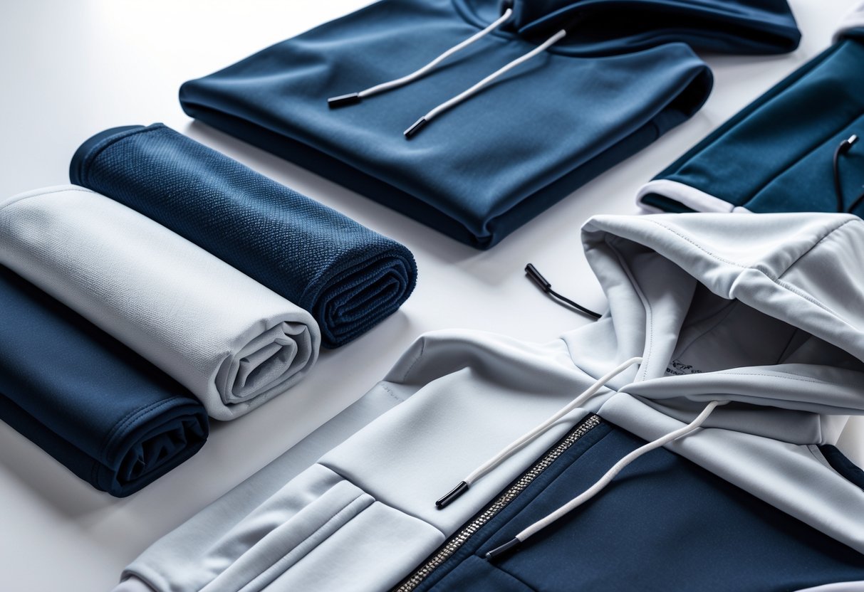 Close-up view of different hoodie fabrics including polyester and synthetic materials arranged on a white surface.