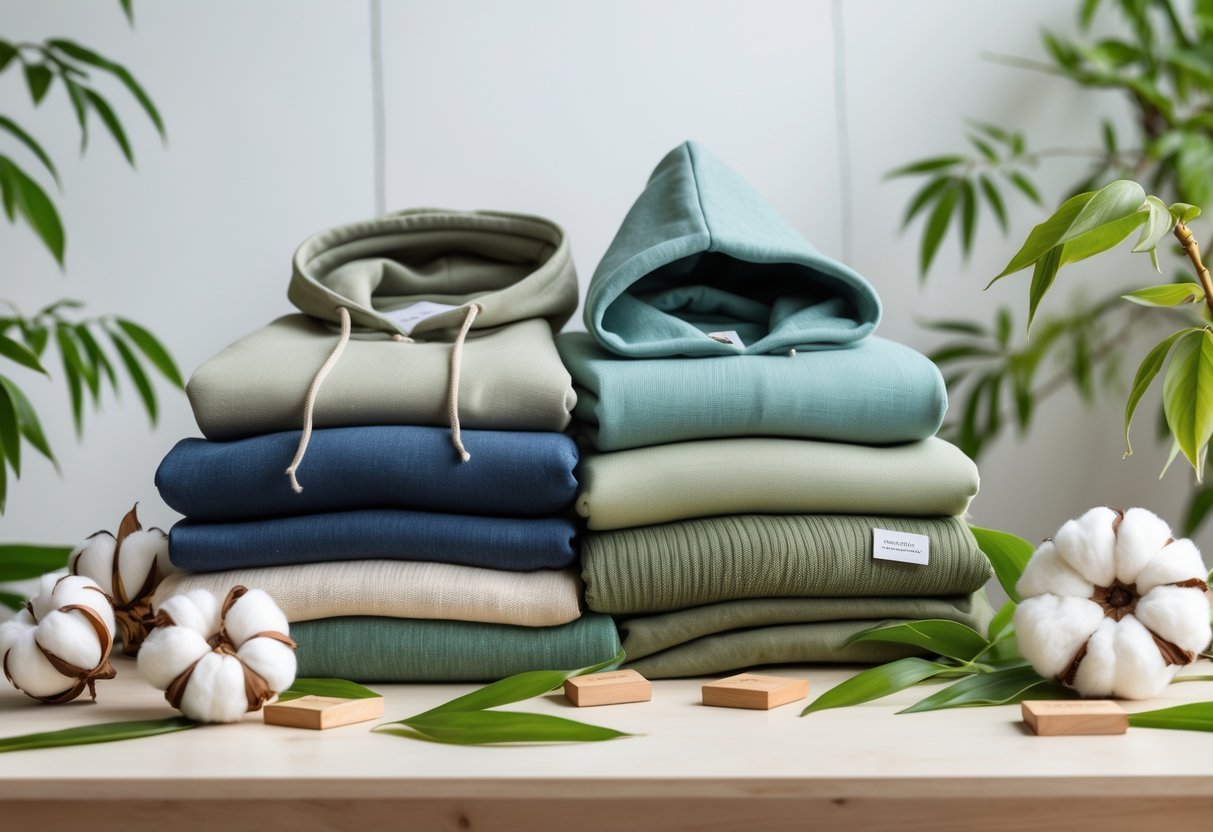 A collection of folded hoodies made from different eco-friendly materials displayed on a wooden table with natural elements around them.