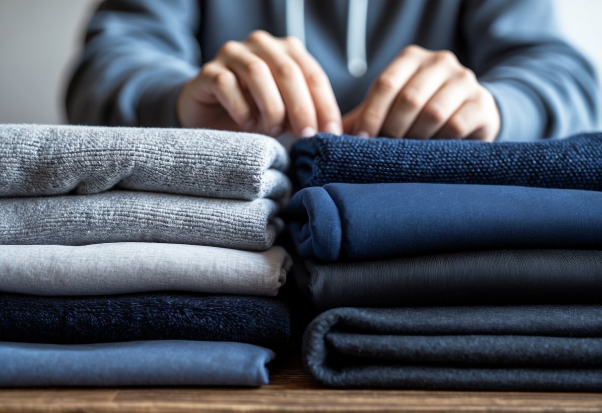 Close-up of various hoodie fabric samples on a table with hands touching and comparing the materials.