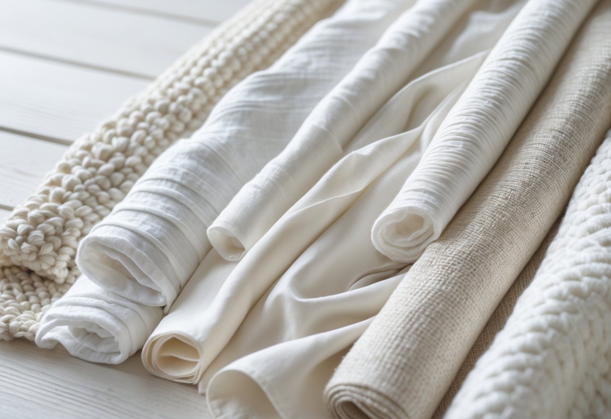 Different types of cotton fabric samples arranged on a wooden surface showing various textures and weaves.