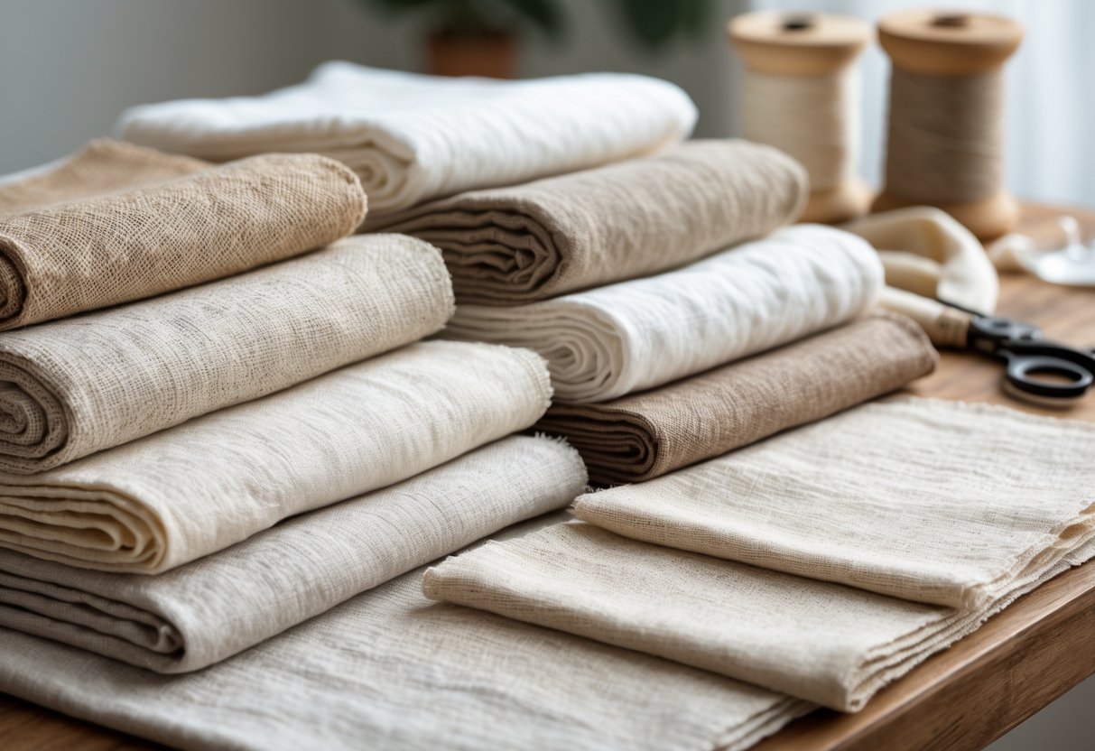 Various linen fabric samples in natural colors arranged on a wooden table with sewing tools nearby.