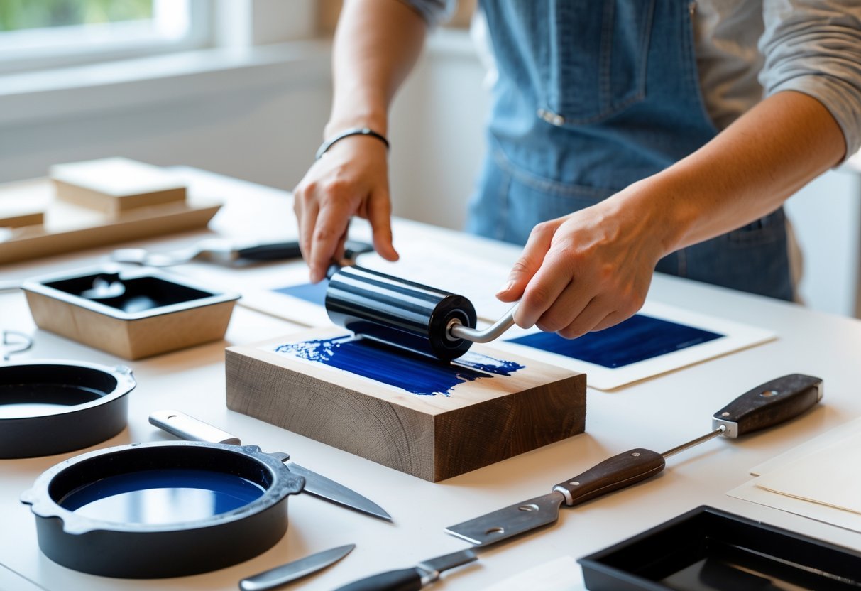 Person demonstrating a beginner's printing technique with hands applying ink to a wooden block on a well-lit table with printing tools.