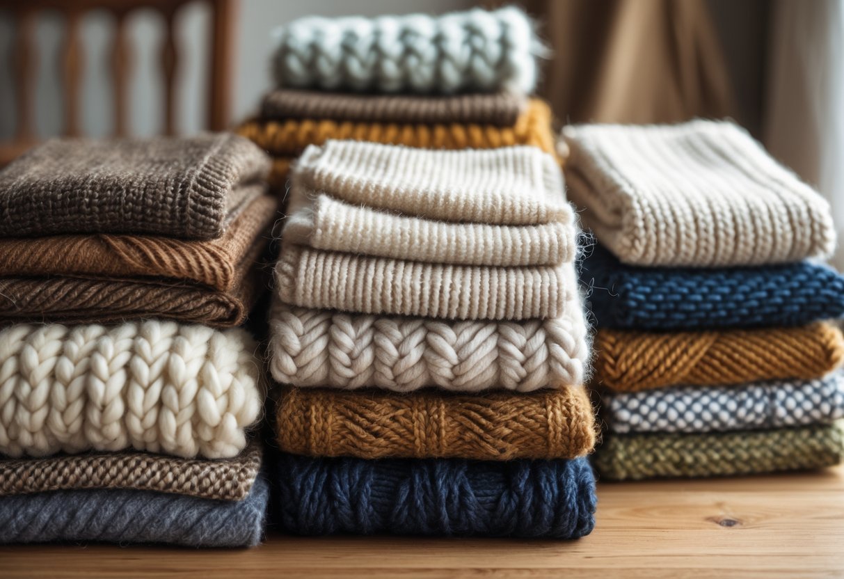 A variety of wool fabrics with different textures and colors arranged on a wooden table.