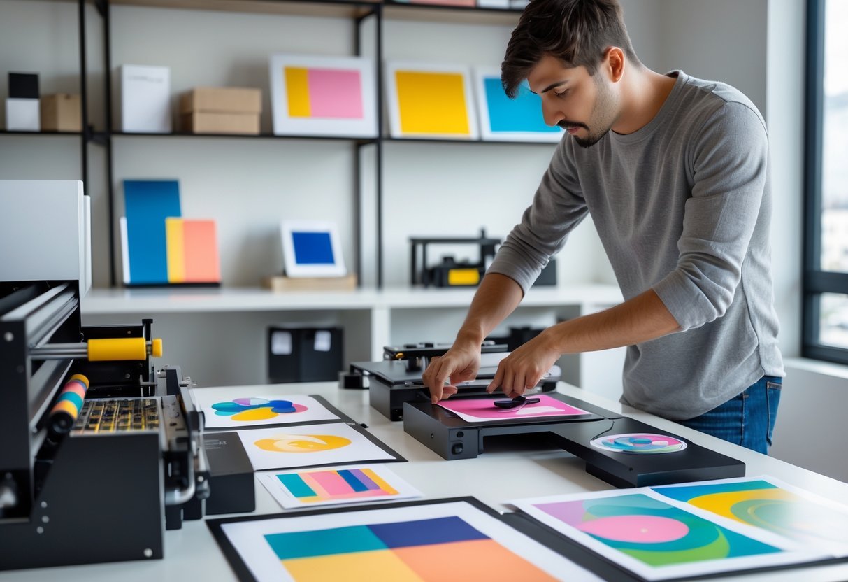 A person working with printing tools and materials at a desk in a well-organized workspace.