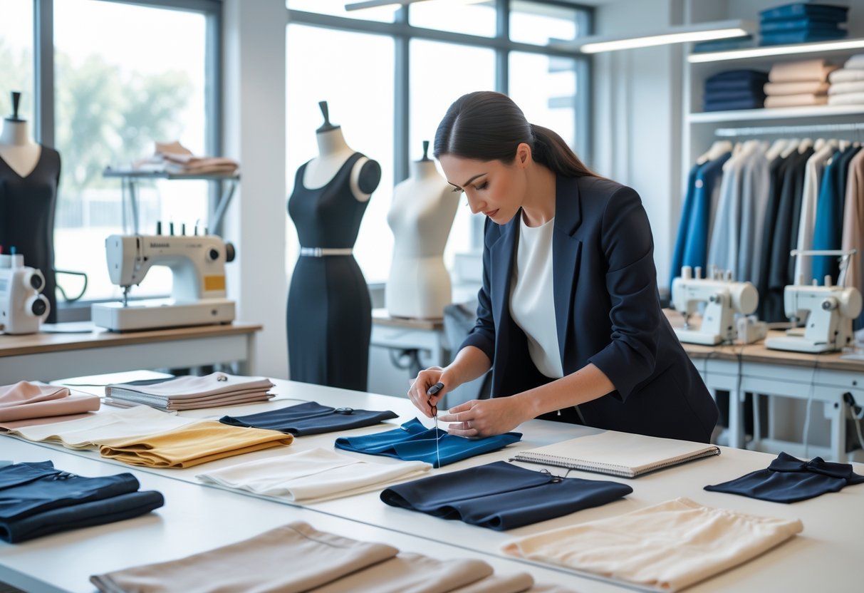 A person examining various garment samples on a table in a well-equipped apparel production workspace.