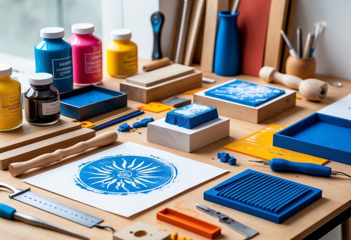 A neatly arranged workspace with printing tools and materials including ink bottles, brayers, carving tools, and paper on a wooden table.