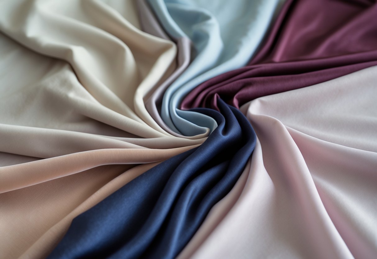 Various rayon fabric samples in different colors and textures arranged neatly on a neutral background.