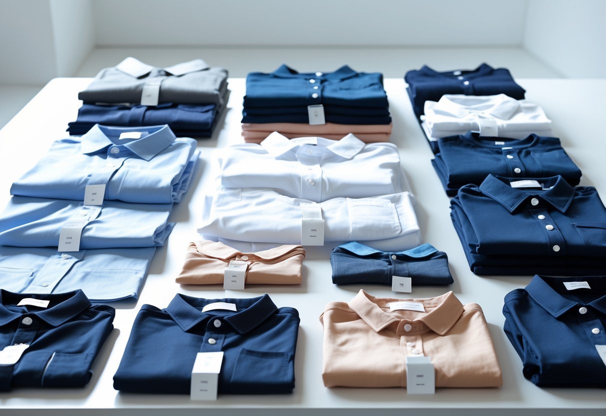A table displaying various garment samples in different sizes arranged neatly for apparel production.