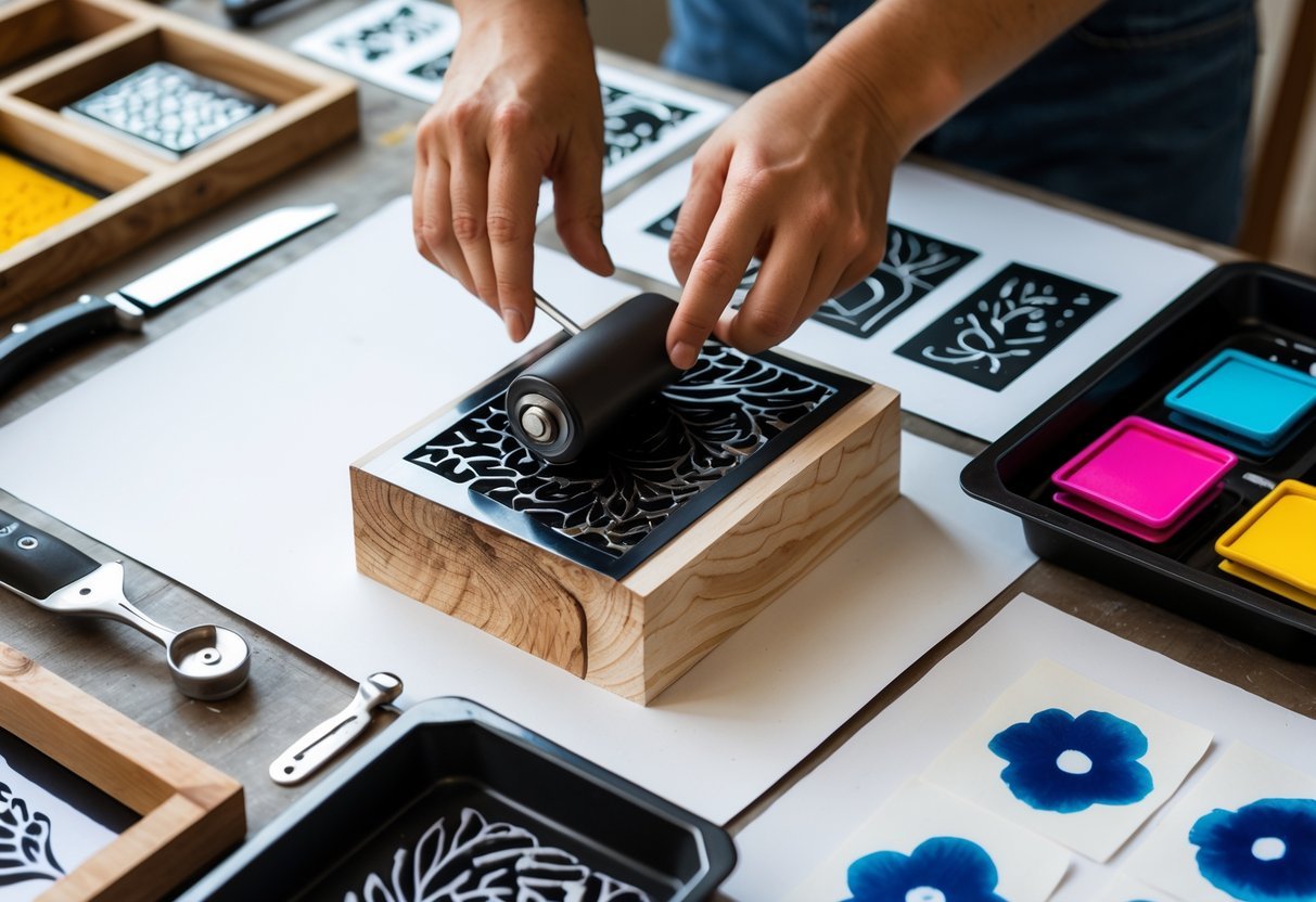 Hands applying ink to a carved wooden block in an artist's workspace with printing tools and sample prints nearby.