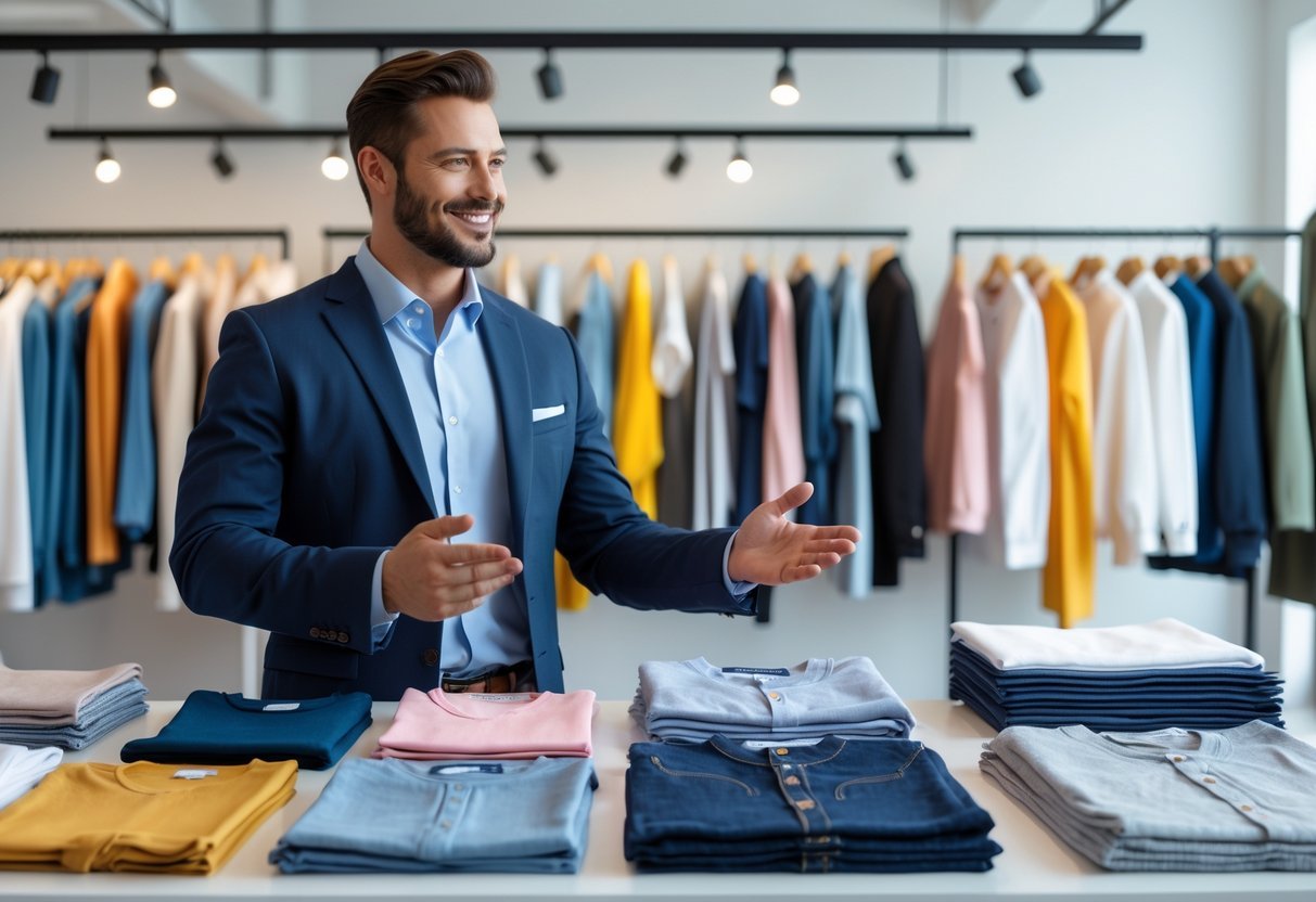 A salesman standing next to a table with different garment samples in a clothing showroom.