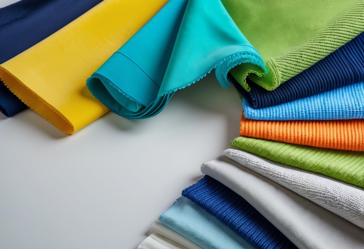 A collection of colorful acrylic fabric swatches arranged on a neutral surface, showing different textures and patterns.