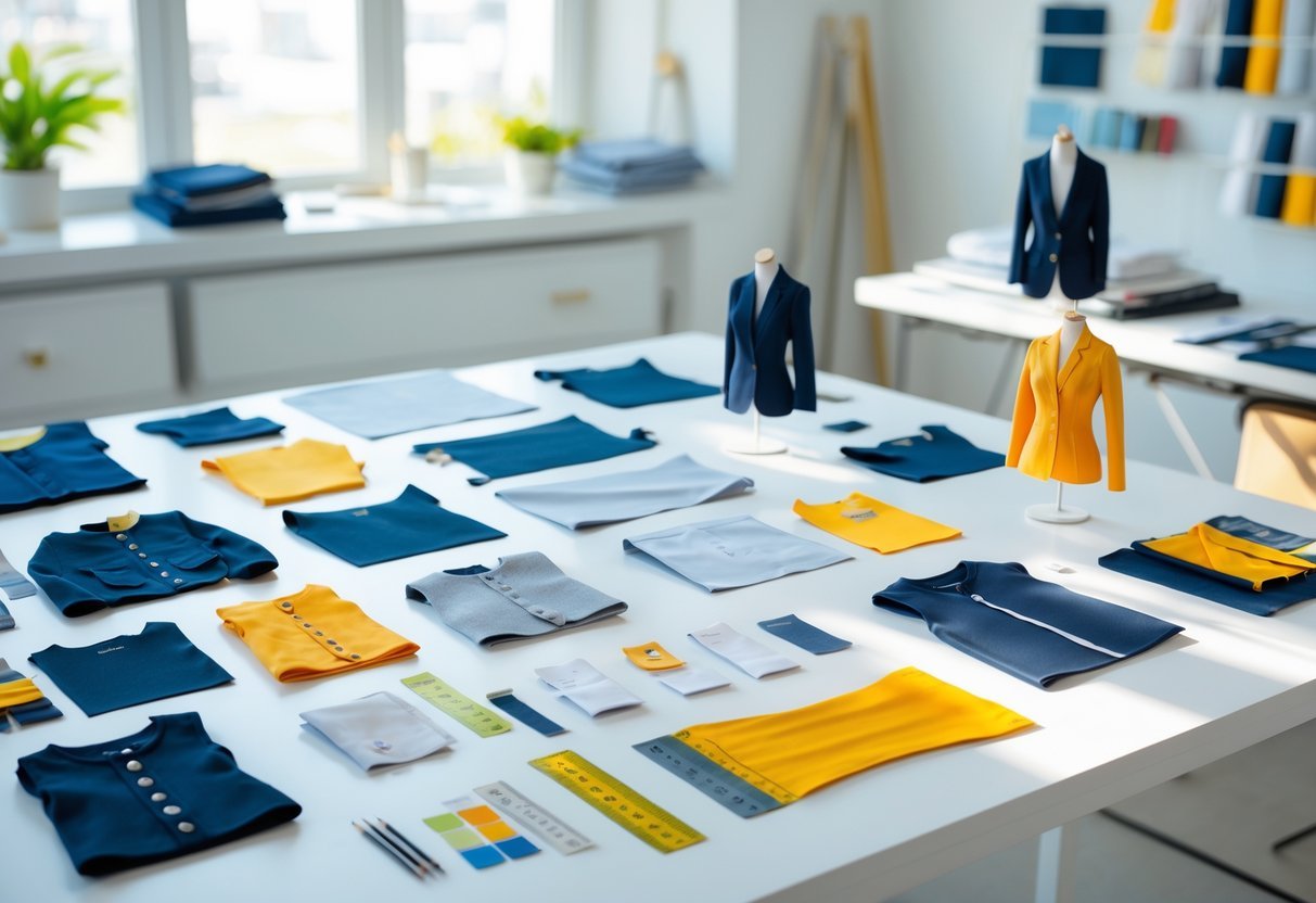 A workspace with various garment samples, fabric swatches, and sewing tools arranged on a white table.