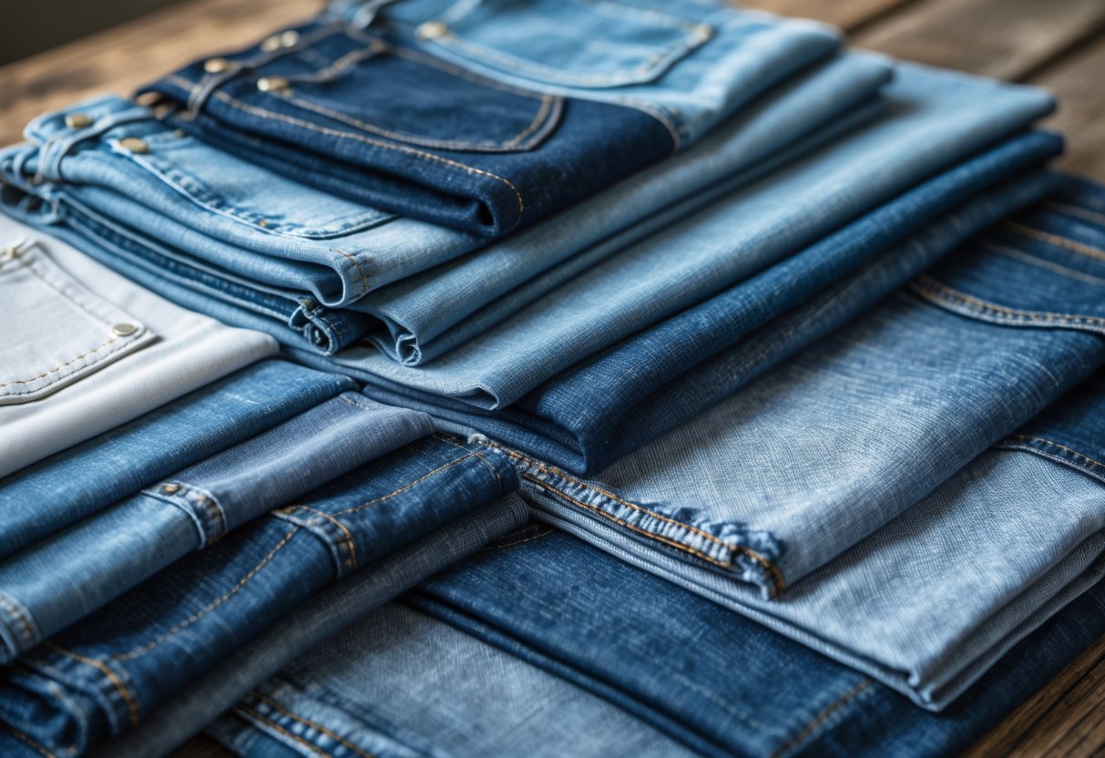 Close-up view of various denim fabric swatches in different shades and textures arranged on a wooden surface.