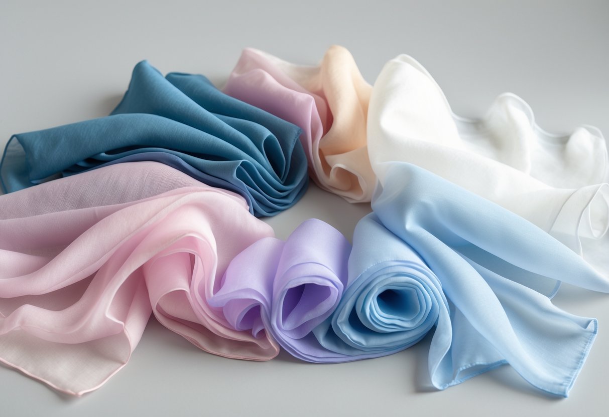 Various colorful chiffon fabric samples arranged on a neutral surface, showing their lightweight and sheer texture.