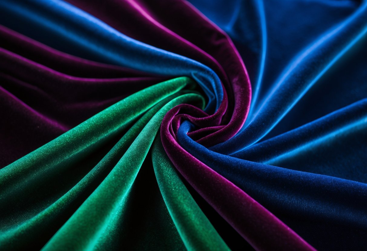Close-up of rich, colorful velvet fabric showing its soft and plush texture.