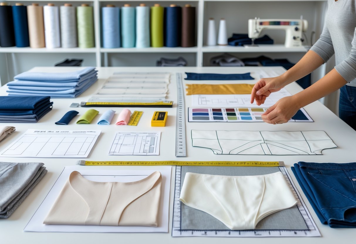 Hands examining various garment samples and fabric swatches on a table in an apparel production studio.