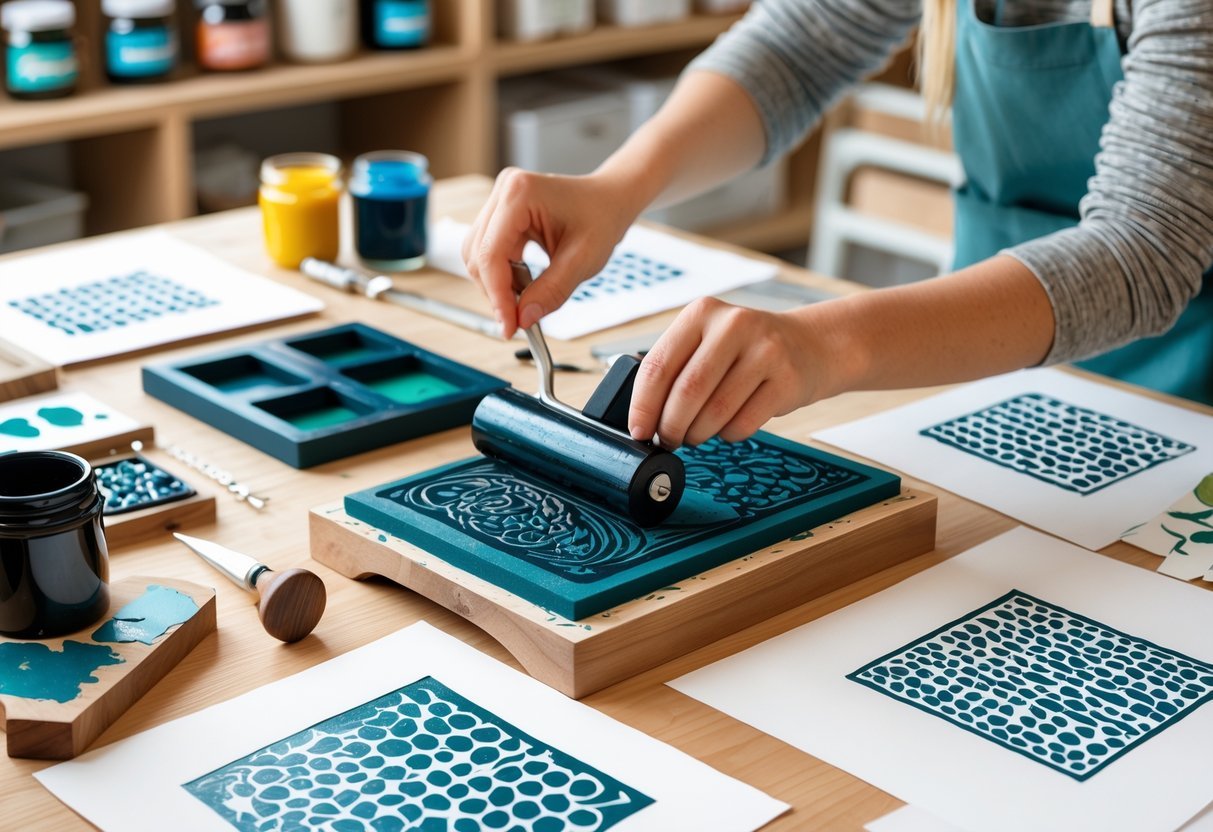 Hands applying ink to a carved block on a table with printmaking tools and printed papers in a bright art studio.