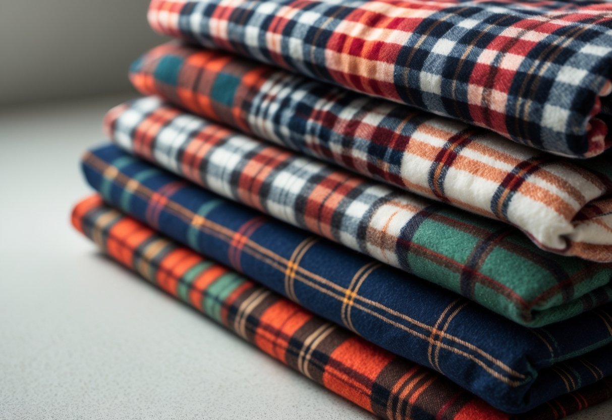 Close-up of folded flannel fabric in various plaid patterns and warm colors on a neutral background.