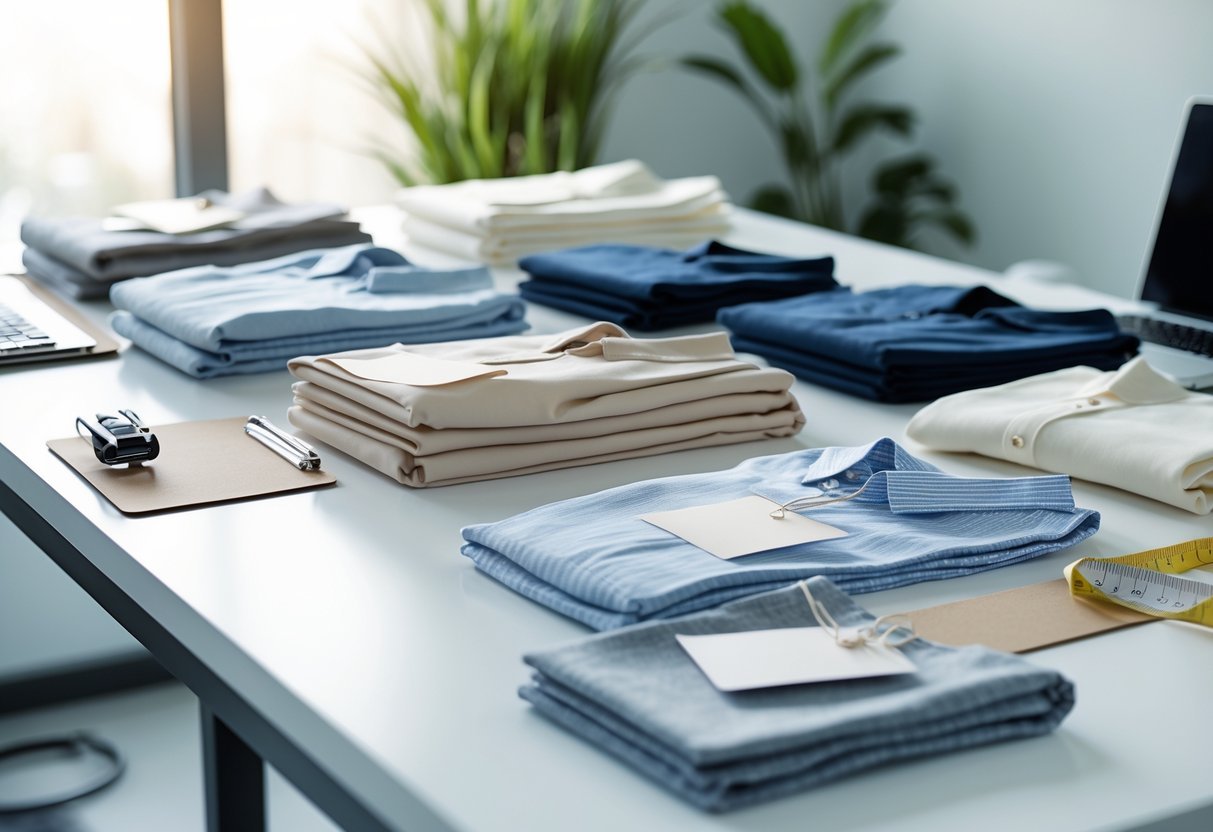 A table with various garment samples including fabric swatches and folded clothes arranged neatly in a workspace.