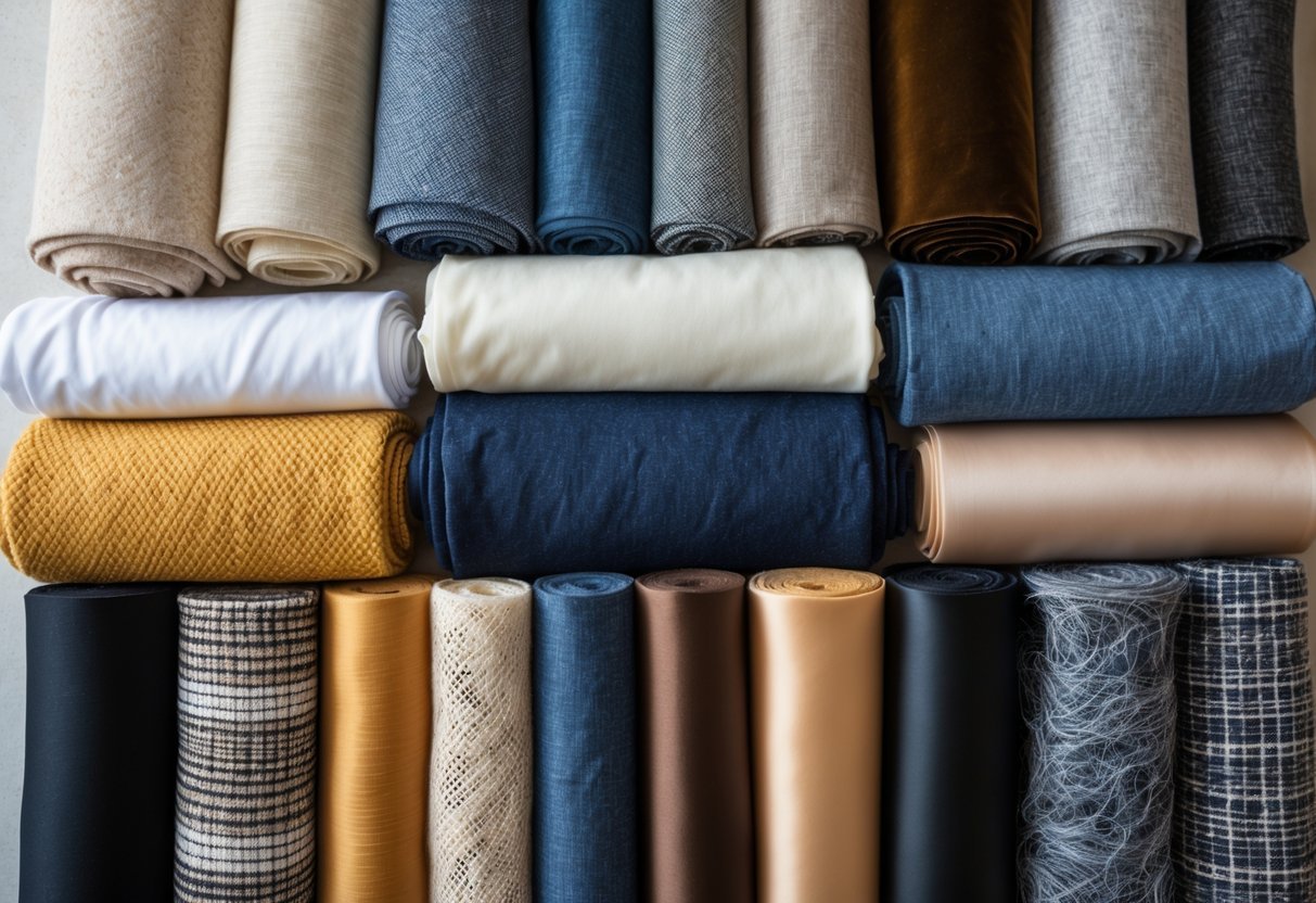 A collection of twelve different fabric swatches arranged neatly on a flat surface, showing various colors and textures.