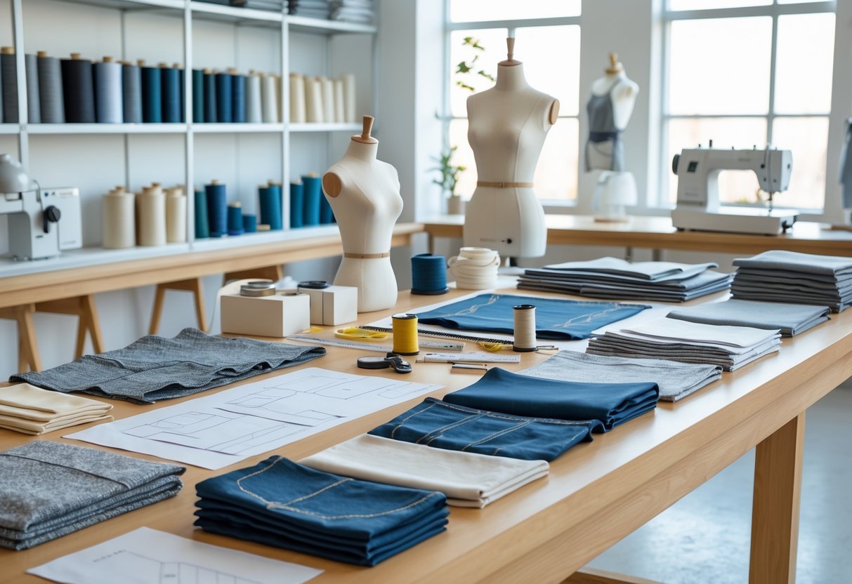 A workspace with various garment samples, fabric swatches, sewing tools, and mannequins in a bright design studio.