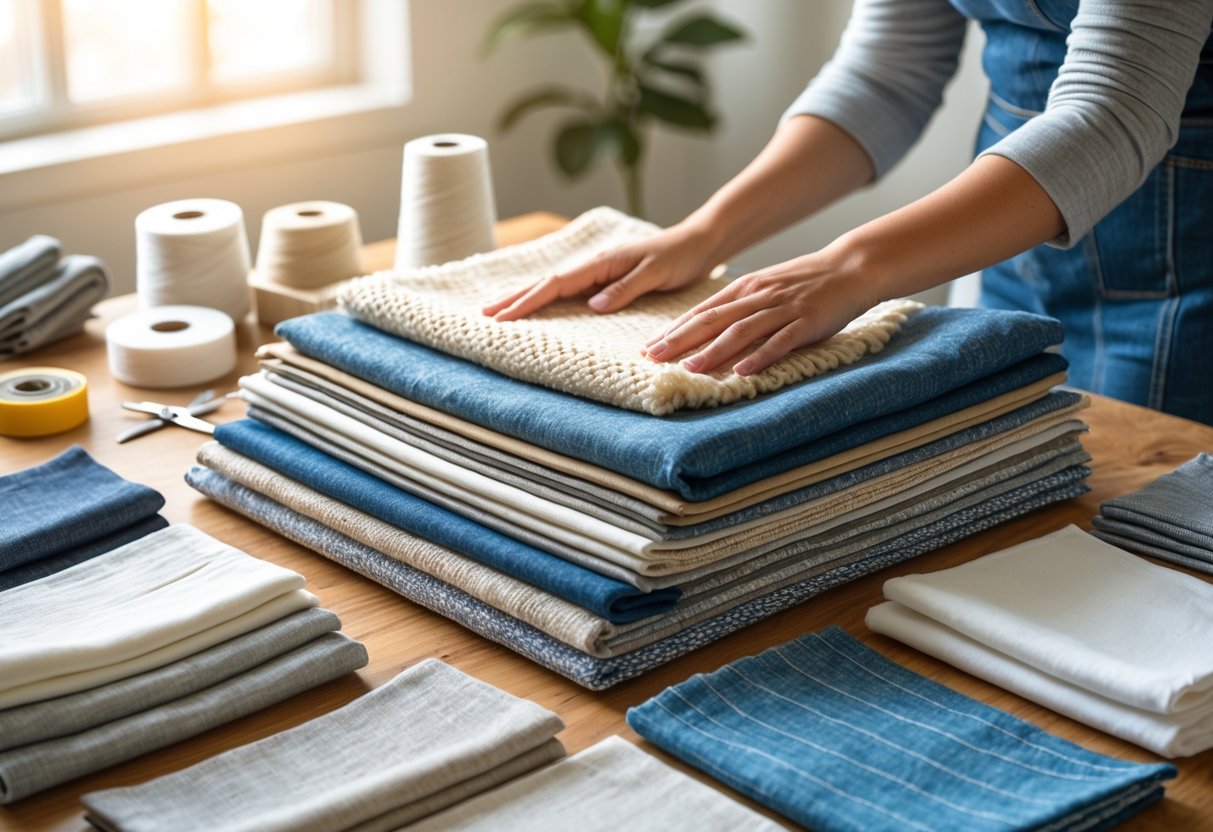 Hands examining a variety of colorful fabric swatches spread out on a wooden table with sewing tools nearby.