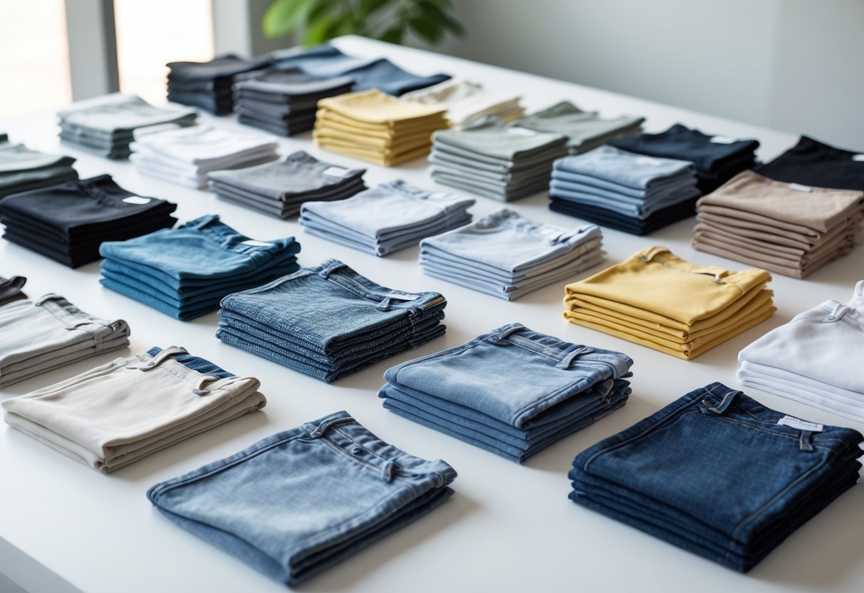 A collection of different fabric wash samples arranged on a white table, showing various colors and textures used in garment production.