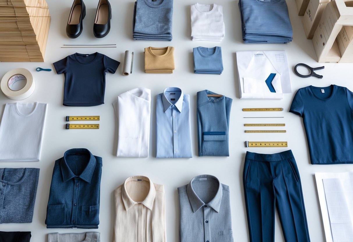 A workspace displaying various garment samples, fabric swatches, and sewing tools arranged neatly for apparel production.